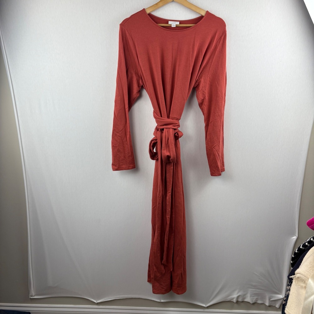 Pure Jill Orange Red Long Sleeve Wrap Midi Dress Size L Pima Cotton‎ Modal Blend